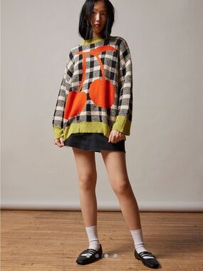 BDG Black & Cream Checked Sweater with Bright Red Cherry and Lime Trim